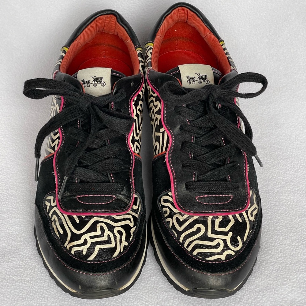 COACH Keith Haring Leather Black, White & Pink Print Sneakers Size 9US